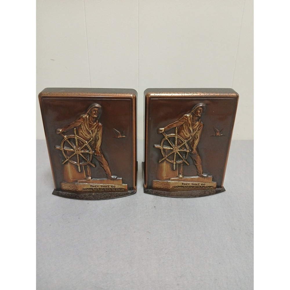 Vtg Philadelphia MFG Co. Gloucester Fisherman Bookends Pair Maritime Brass Tone